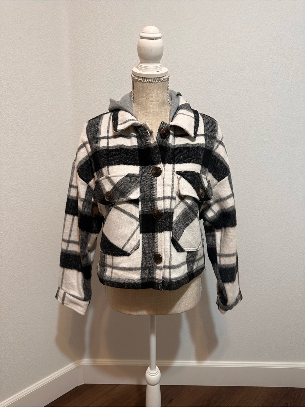 Checked Black & White Cropped Plaid Jacket with Hood